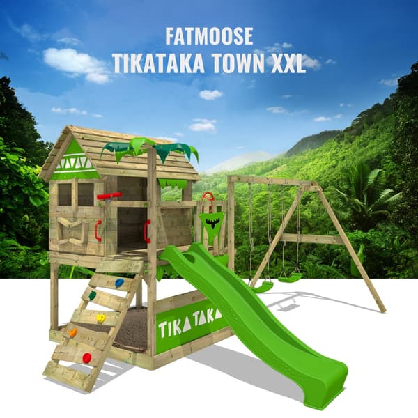 FATMOOSE Legetårn TikaTaka med gynger og rutsjebane, Legehuse med sandkasse og klatrestige, grøn