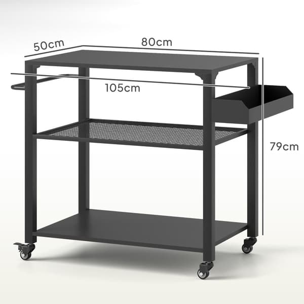 3-Vånings Grillvagn i Rostfritt Stål, BBQ-Servérbord med Hjul, 105x50x79 cm, Svart