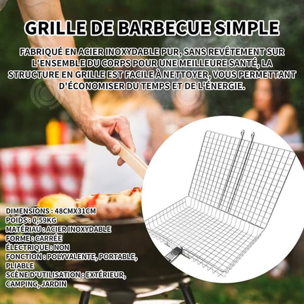 INN Grill 48cmx31cm i rostfritt stål bred hopfällbar Idealisk grill för grönsaker kött med ärmar för utomhuscampinggrill