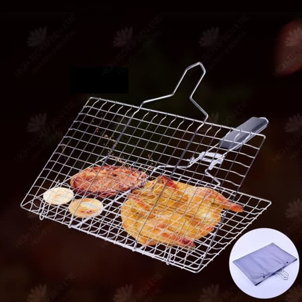 HTBE® rostfritt stål BBQ grillad fiskklämma, bärbart grillat fisknät, multifunktionell BBQ-skena
