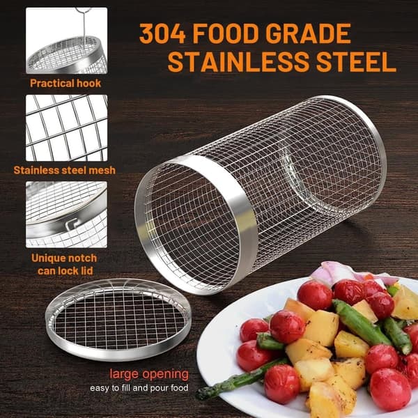 1 Pack Grill Basket Pyörivä BBQ-grillikorit ruostumattomasta teräsverkosta kalalle, katkarapuille, lihalle, vihanneksille, perunoille (30*9,5 cm)