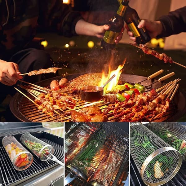 1 Pack Grill Basket Pyörivä BBQ-grillikorit ruostumattomasta teräsverkosta kalalle, katkarapuille, lihalle, vihanneksille, perunoille (30*9,5 cm)