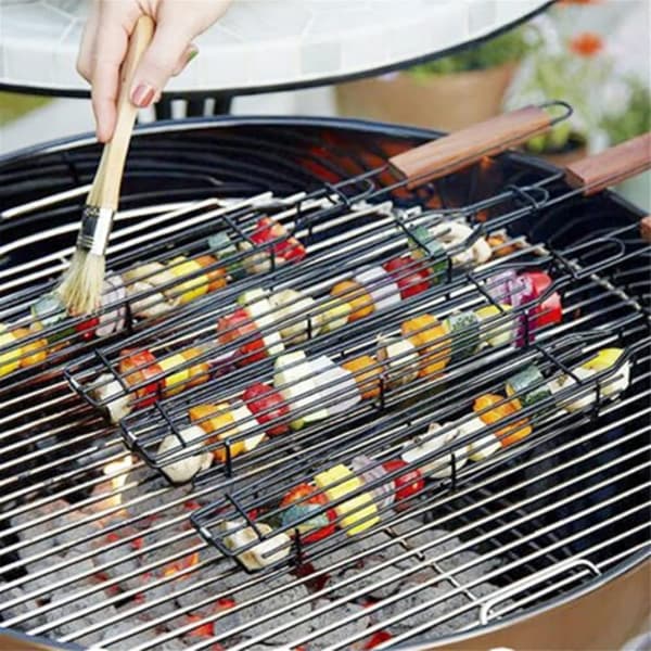Lollanda tarttumaton ruostumattomasta teräksestä valmistettu grillikori - tarttumattomat grillikorit, puisilla kahvoilla, grilliin ja keittiöön
