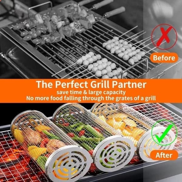 Lollanda Grillkurv i rustfrit stål, Sæt med 2 Grillkurve – Rullbar, Camping, Have, 10x20/30cm