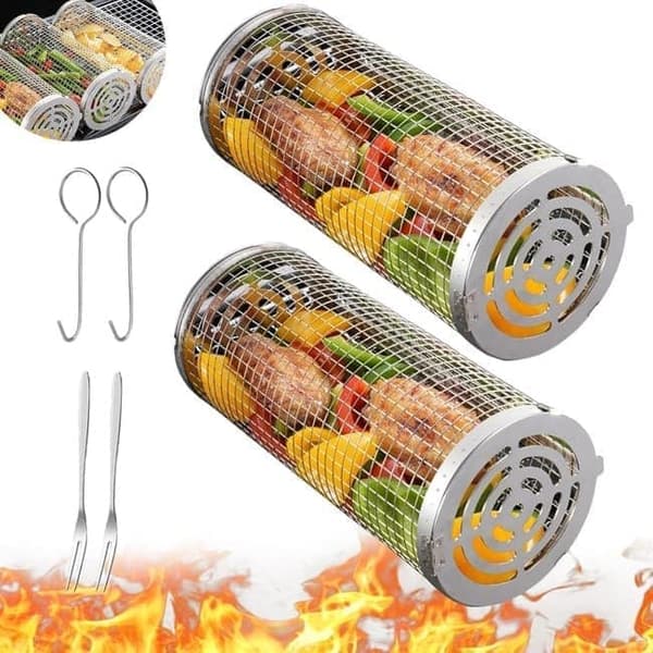 Lollanda Grillkurv i rustfrit stål, Sæt med 2 Grillkurve – Rullbar, Camping, Have, 10x20/30cm 10×20cm