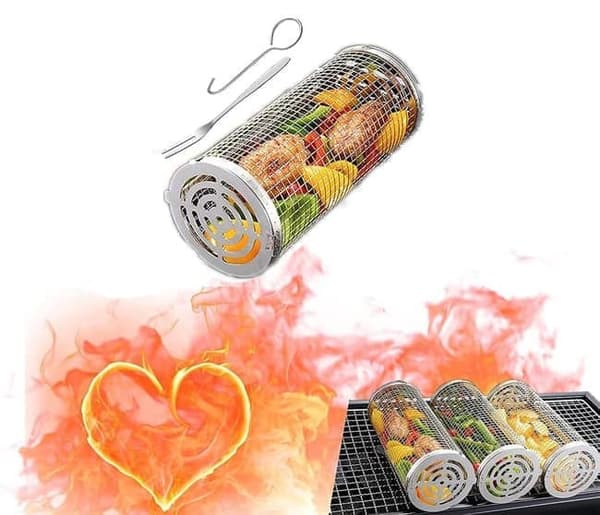 Lollanda Rostfri Grillkorg, set med 1/2 grillkorg – Rullbar, Camping, Trädgård, 10x20/30cm