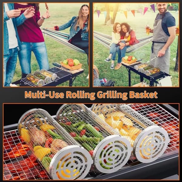 Lollanda Rostfri Grillkorg, set med 2 grillkorg – Rullbar, Camping, Trädgård, 10x20/30cm