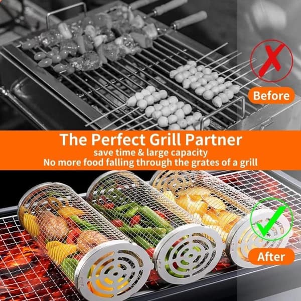 Lollanda Rostfri Grillkorg, set med 2 grillkorg – Rullbar, Camping, Trädgård, 10x20/30cm