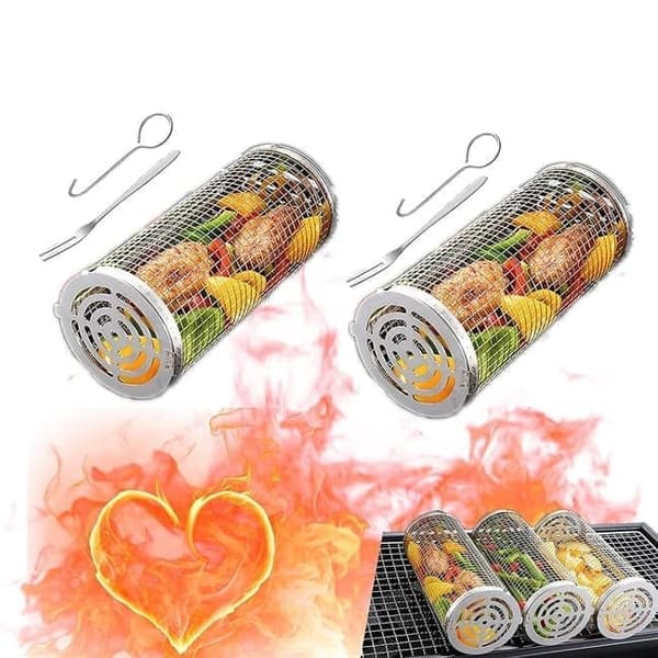 Lollanda Rostfri Grillkorg, set med 2 grillkorg – Rullbar, Camping, Trädgård, 10x20/30cm 10×30cm