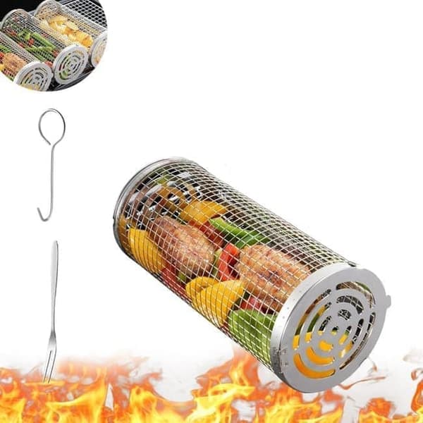 Lollanda Rostfri Grillkorg, set med 1/2 grillkorg – Rullbar, Camping, Trädgård, 10x20/30cm 10×30cm-1 st