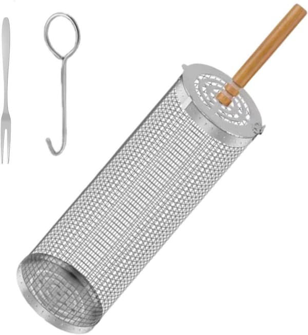 Lollanda Grillikori 1/2 kpl Ruostumattomasta teräksestä valmistettu grillikori, rullattava, Retkeily, Puutarha, 21/31 cm -Puinen kahva