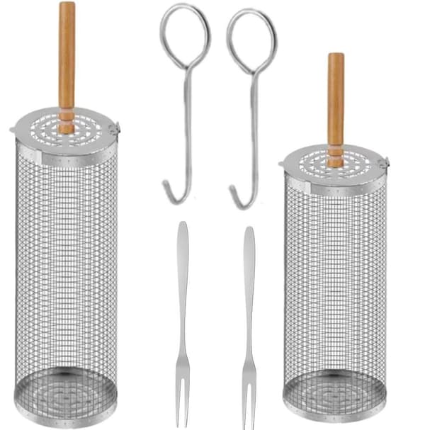 Lollanda Grillkorg 1/2 st Rostfri Grillkorg, Rullbar, Camping, Trädgård, 21/31 cm -Trähandtag 31cm-1 st + 21cm-1 st