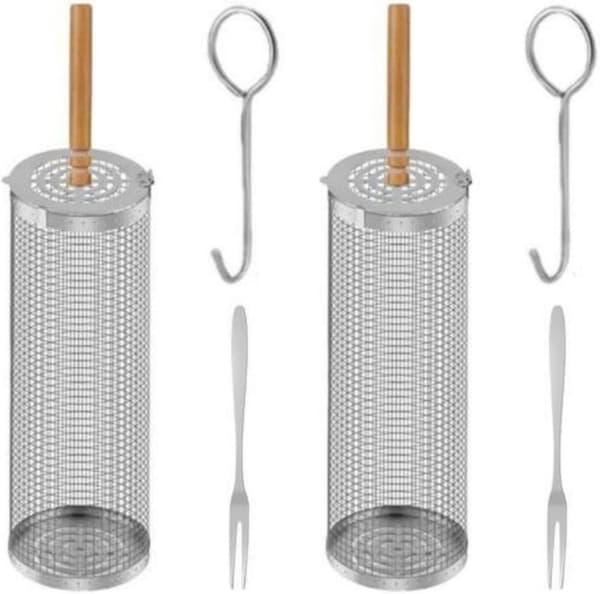 Lollanda Grillikori 1/2 kpl Ruostumattomasta teräksestä valmistettu grillikori, rullattava, Retkeily, Puutarha, 21/31 cm -Puinen kahva