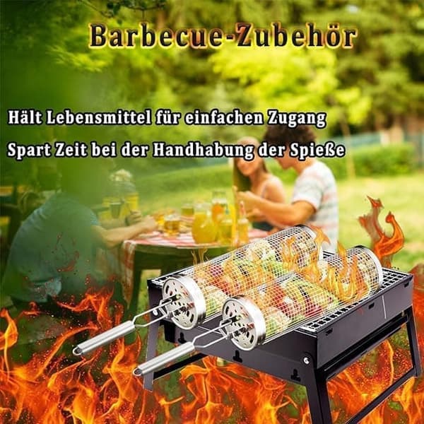 Rullende grillkurv, grillkurv i rustfrit stål med aftageligt håndtag - sæt med 2, perfekt til camping og have