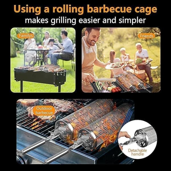 Rullende grillkurv, grillkurv i rustfrit stål med aftageligt håndtag - sæt med 2, perfekt til camping og have