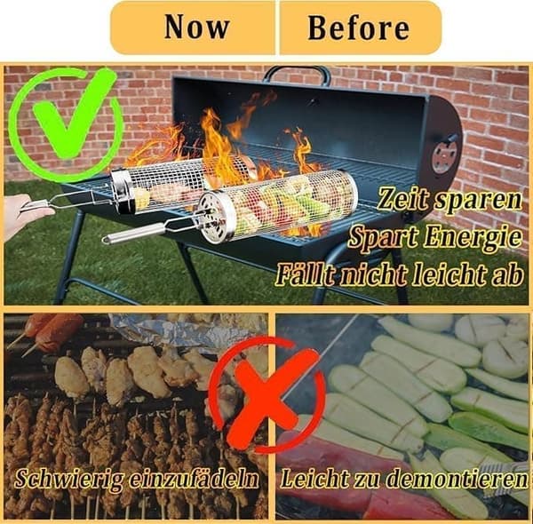 Rullende grillkurv, grillkurv i rustfrit stål med aftageligt håndtag - sæt med 2, perfekt til camping og have