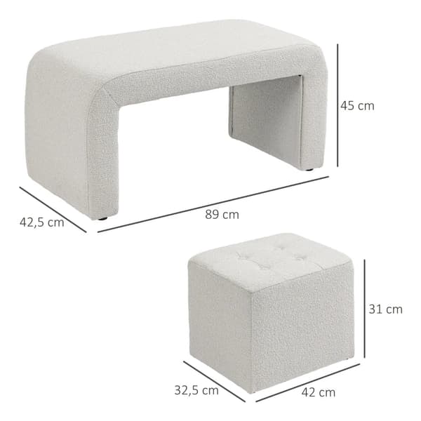 Rootz fodskammel - Sæt 3-delt - Knapsøm - Løkkegarn - Eucalyptus træ - Creme - 89 cm x 42,5 cm x 45 cm