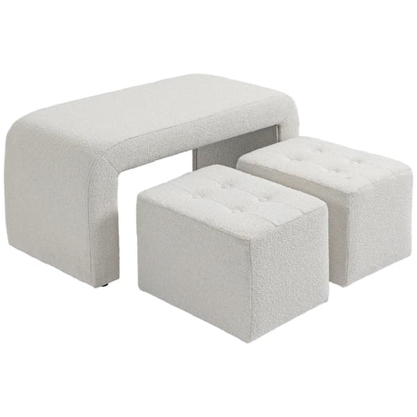 Rootz fodskammel - Sæt 3-delt - Knapsøm - Løkkegarn - Eucalyptus træ - Creme - 89 cm x 42,5 cm x 45 cm