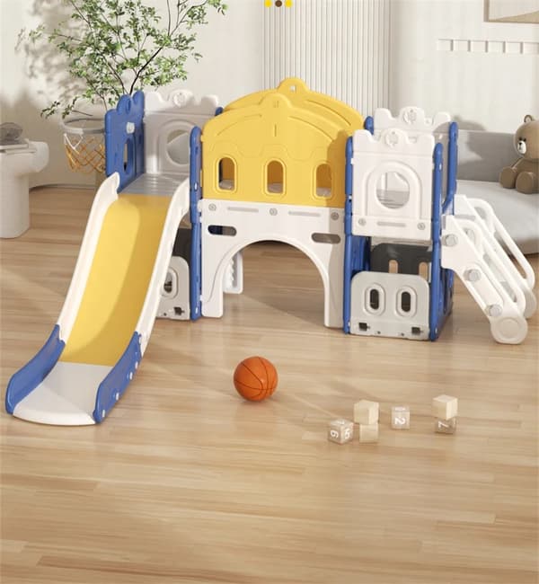 Baby Legeplads Rutschebane, Multifunktionel Struktur, Interaktiv Basketballfunktion,GD01-BLÅHVID