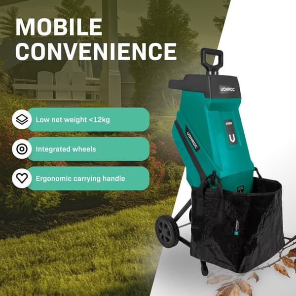 VONROC Kompostkværn 2500W - Til grene op til Ø45mm | Inkl. 45L opsamlingspose