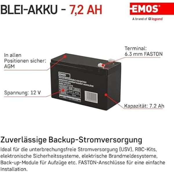 Batteri - EMOS - Blyackumulator - 12 V - 7,2 Ah - Faston 6,3 mm