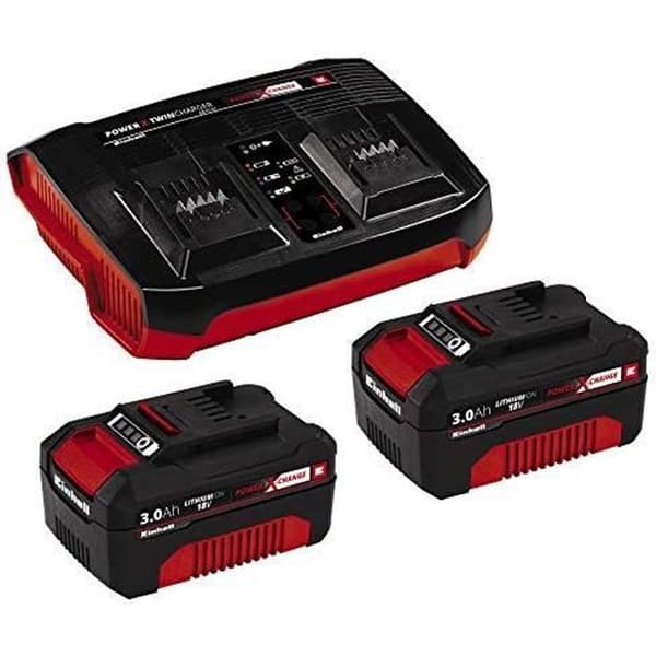 Einhell Startpaket 2 x 3,0 Ah Power X-Change och Twincharger Kit (litiumjon, 18 V, 2 x 3,0 Ah, kompatibel med alla 451208)