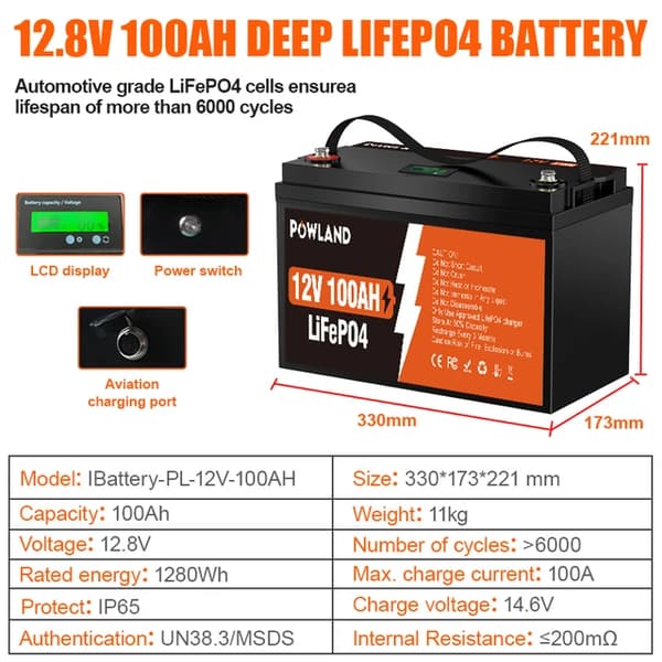 LiFePO4-batteri, hög kapacitet, kompatibel med solenergi, 12V 100AH