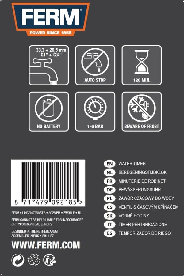 FERM WTA1001 - Vandur - Sprinkler - Mekanisk vandtimer - 120 minutter - Sprøjtetid - Orange - Sort - Sprinkler