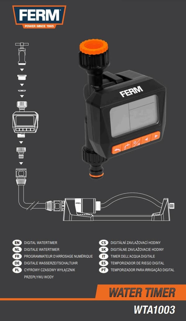 FERM WTA1003 - Digital - Vandur- Interval: 1 min til 24 timer - 3 programmer pr. dag - Ugeprogram - Passer til vandhane: 26,5mm - 21 mm - Arbejder ved