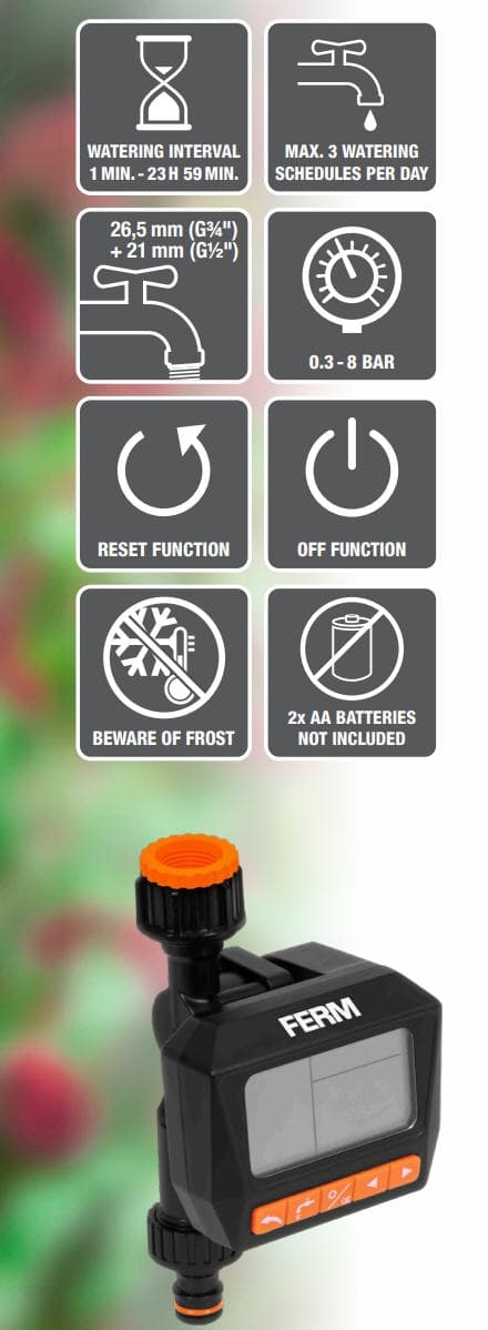 FERM WTA1003 - Digital - Vandur- Interval: 1 min til 24 timer - 3 programmer pr. dag - Ugeprogram - Passer til vandhane: 26,5mm - 21 mm - Arbejder ved