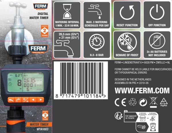 FERM WTA1003 - Digital - Vandur- Interval: 1 min til 24 timer - 3 programmer pr. dag - Ugeprogram - Passer til vandhane: 26,5mm - 21 mm - Arbejder ved