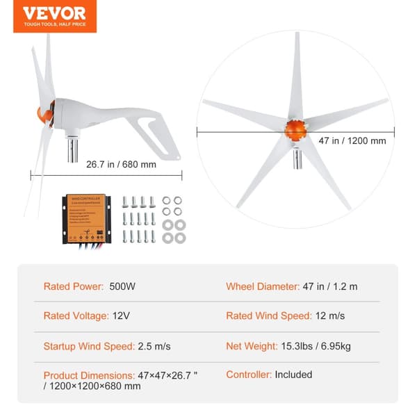 Vindmølle generator, 12V 500W/800W, MPPT controller, 12V 500W 5 blade