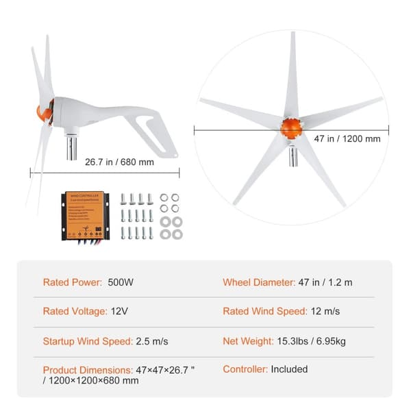 Vindmølle generator, 12V 500W/800W, MPPT controller, 12V 500W 5 blade