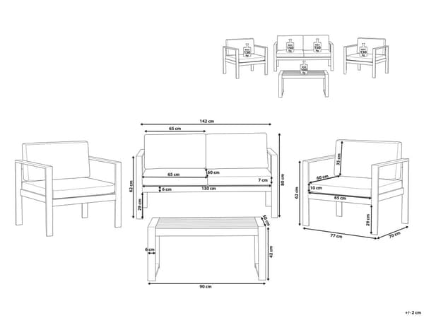 Loungegrupp 4 Delar Ljusgrå Anodiserad Aluminium Soffa av Trä med 2 Stolar och Soffbord