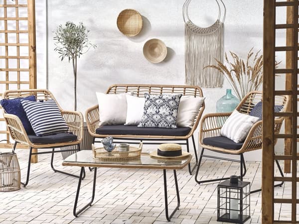 Trädgårdsmöbelset Svart Konstrotting med Sittdynor och Soffbord