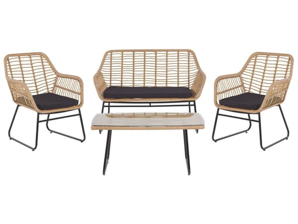 Trädgårdsmöbelset Svart Konstrotting med Sittdynor och Soffbord