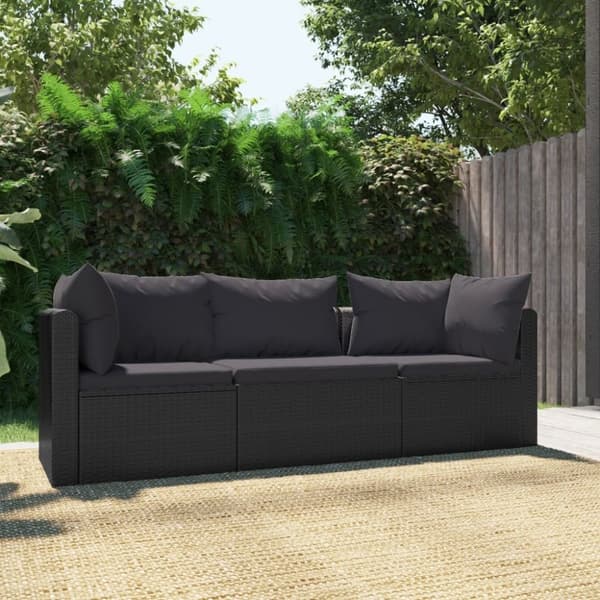 vidaXL havesofasæt 3 dele med hynder polyrattan sort
