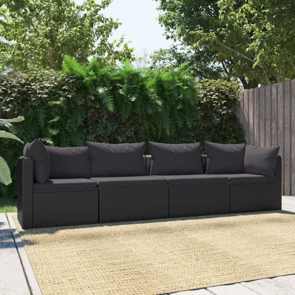 vidaXL havesofasæt med hynder 4 dele polyrattan sort