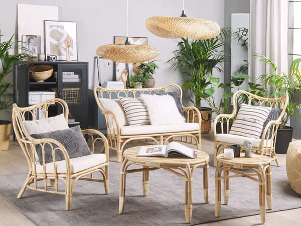 Loungegrupp Beige Rotting 2 Bord 2 Fåtöljer och Soffa Trädgårdsmöbelset Inomhus Utomhus Kuddar Boho