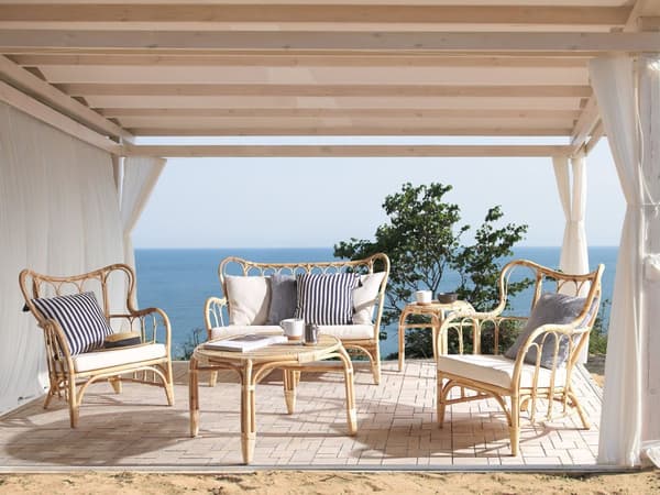 Loungegrupp Beige Rotting 2 Bord 2 Fåtöljer och Soffa Trädgårdsmöbelset Inomhus Utomhus Kuddar Boho