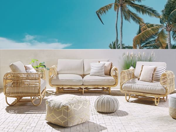 Loungegrupp Beige Rotting Soffa och Fåtöljer med Bomullskuddar Boho Design
