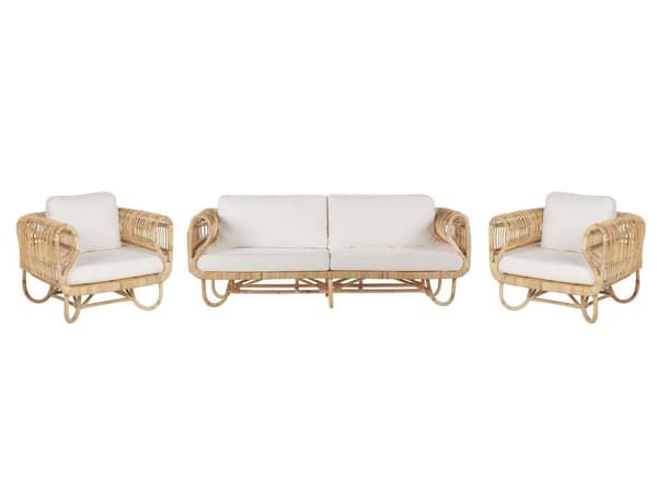 Loungegrupp Beige Rotting Soffa och Fåtöljer med Bomullskuddar Boho Design
