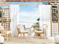 Miniatyrbild 6 av 11: Trädgårdsmöbelset 4-sits Beige Rotting Soffa 2 Fåtöljer och Runt Bord Glasskiva Vita Kuddar