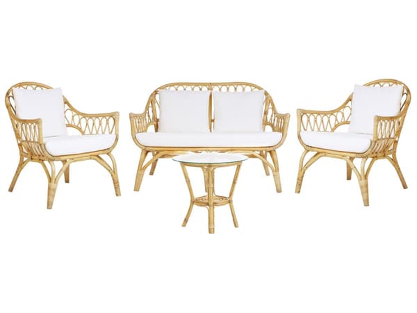 Trädgårdsmöbelset 4-sits Beige Rotting Soffa 2 Fåtöljer och Runt Bord Glasskiva Vita Kuddar