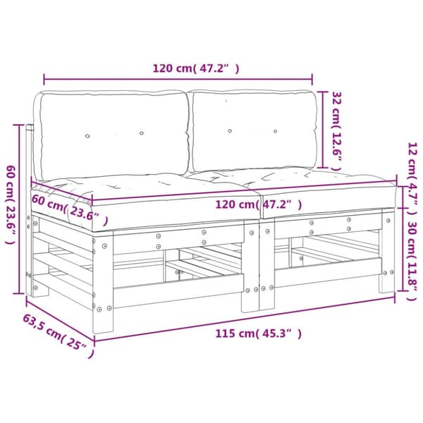 vidaXL Midtsofaer med puter 2 stk hvit heltre furu