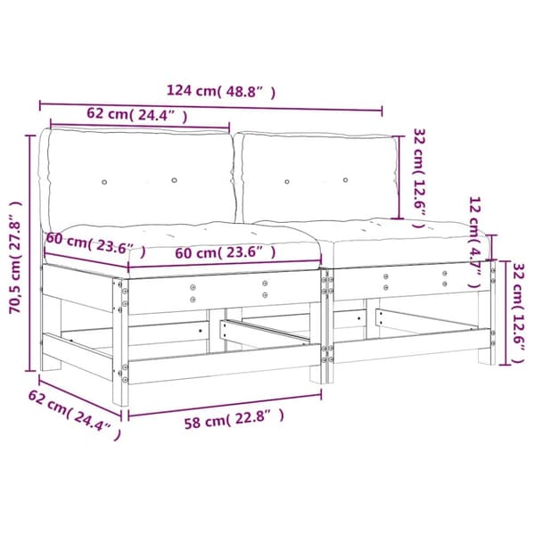 vidaXL Midtsofaer med puter 2 stk hvit heltre furu