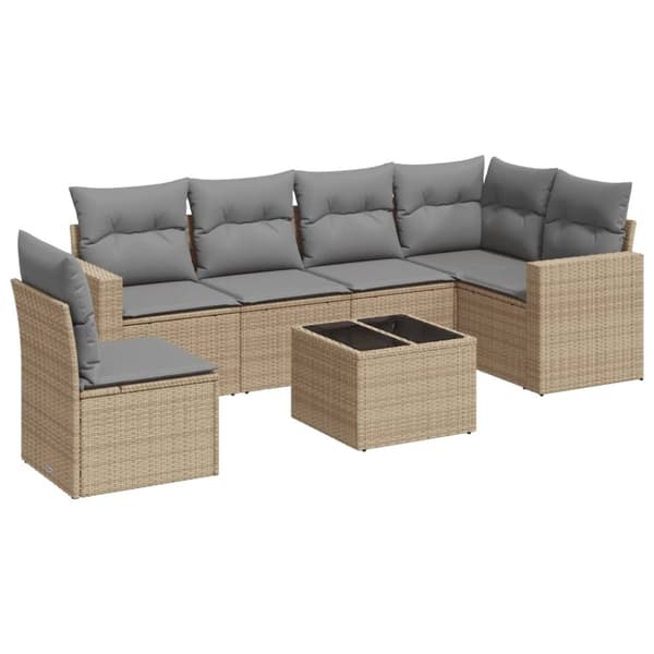 vidaXL Matgrupp för trädgården med dynor 7 delar beige konstrotting