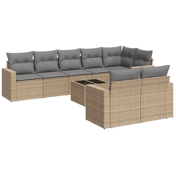 vidaXL Soffgrupp för trädgården med dynor 9 delar beige konstrotting