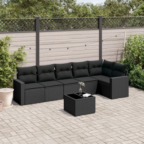 vidaXL sofasæt til haven 7 dele med hynder polyrattan sort
