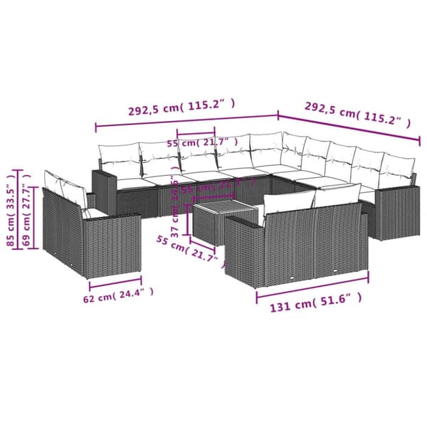 vidaXL sofasæt til haven 14 dele med hynder polyrattan beige
